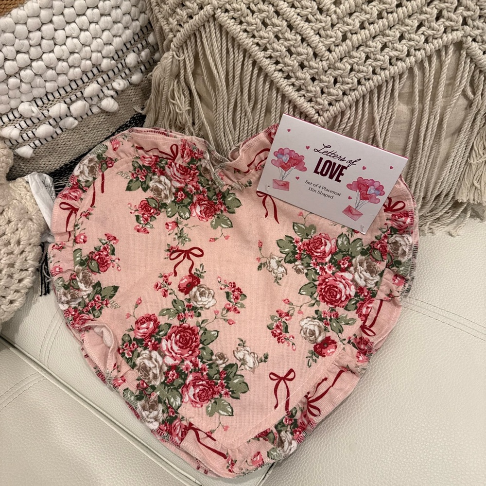 Valentine's Day Letters Of Love Pink Floral Coquette Heart Placemats 4 Piece ❤️